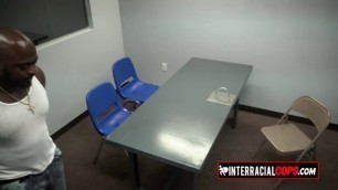Interracial threesome in interrogation room with female busty white police officers