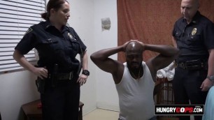 Interracial hard fuck threesome with a massive black dude with a big cock and two horny cops.