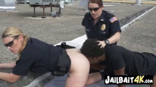 Interracial threesome outdoors with a black dude with massive cock and two horny cops with fat asses