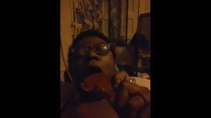 Wife sucking her dildo