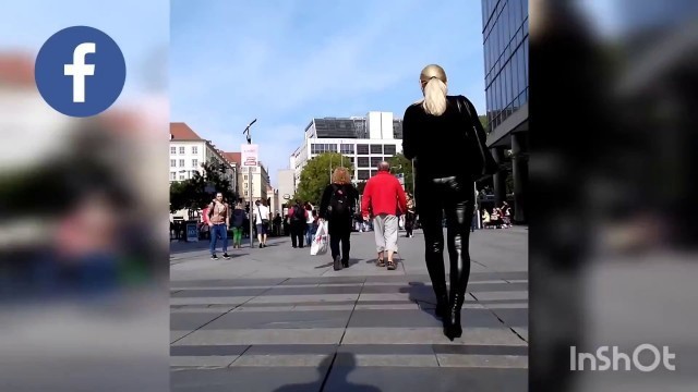 Blonde in black faux leather wetlook shiny leggings sexy back public walk