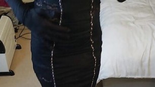 Crossdresser Teases in Black Lingerie Dress