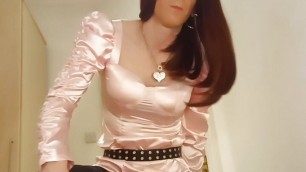 jess silk riding dildo in long sleeve pink satin dress and black jacket with red wig