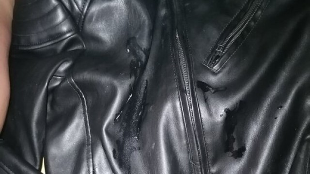 Cum in on a black leather jacket.
