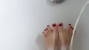 Foot massage with lube, milk and big black butt plug