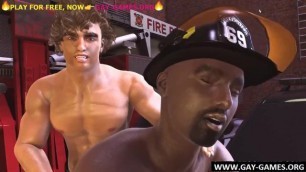 Fireman fucks ebony boy in standing, 3d gay videogame