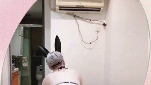 Asian sissy slut dancing in lingerie and black bunny mask
