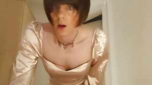 jess silk riding dildo in champagne satin dress and black jacket with short wig