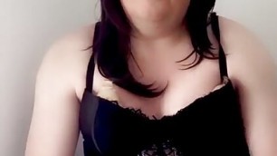 Nicki-Crossdress in sexy black Lingerie & Stockings stroking Cock & teasing with Nylonfeet
