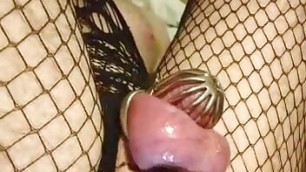 The Cutest Sissy Femboy  in Metal Chastity and toys Boypussy with Anal BBC Black Dildo in lingerie fishnets