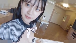 A Japanese beauty with black hair, and moreover big tits, after a blowjob, she cums in her mouth, uncensored