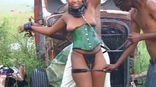 Kinky ebony sex slave getting her pussy wrecked outdoors